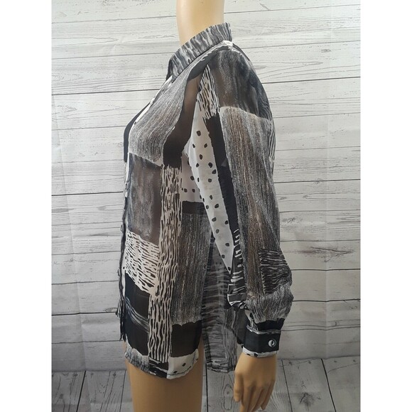 Seasuns Blouse Top Sheer Black White Sz S Long Sleeve Button Front Color block - Picture 2 of 11